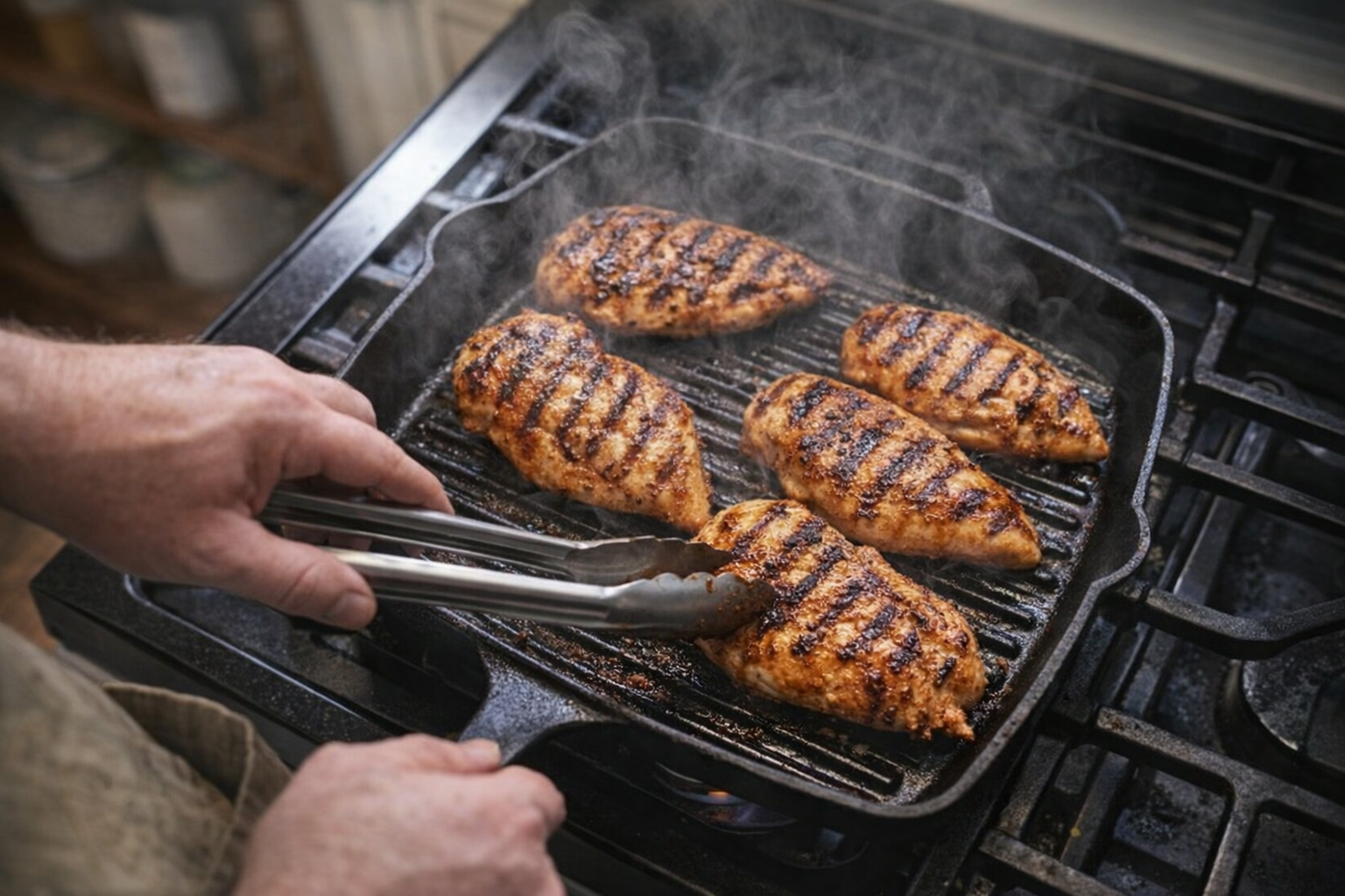 An overhead shot of a chef's hands grilling marinated chicken breasts on a cast iron grill pan, with visible grill marks and steam rising
